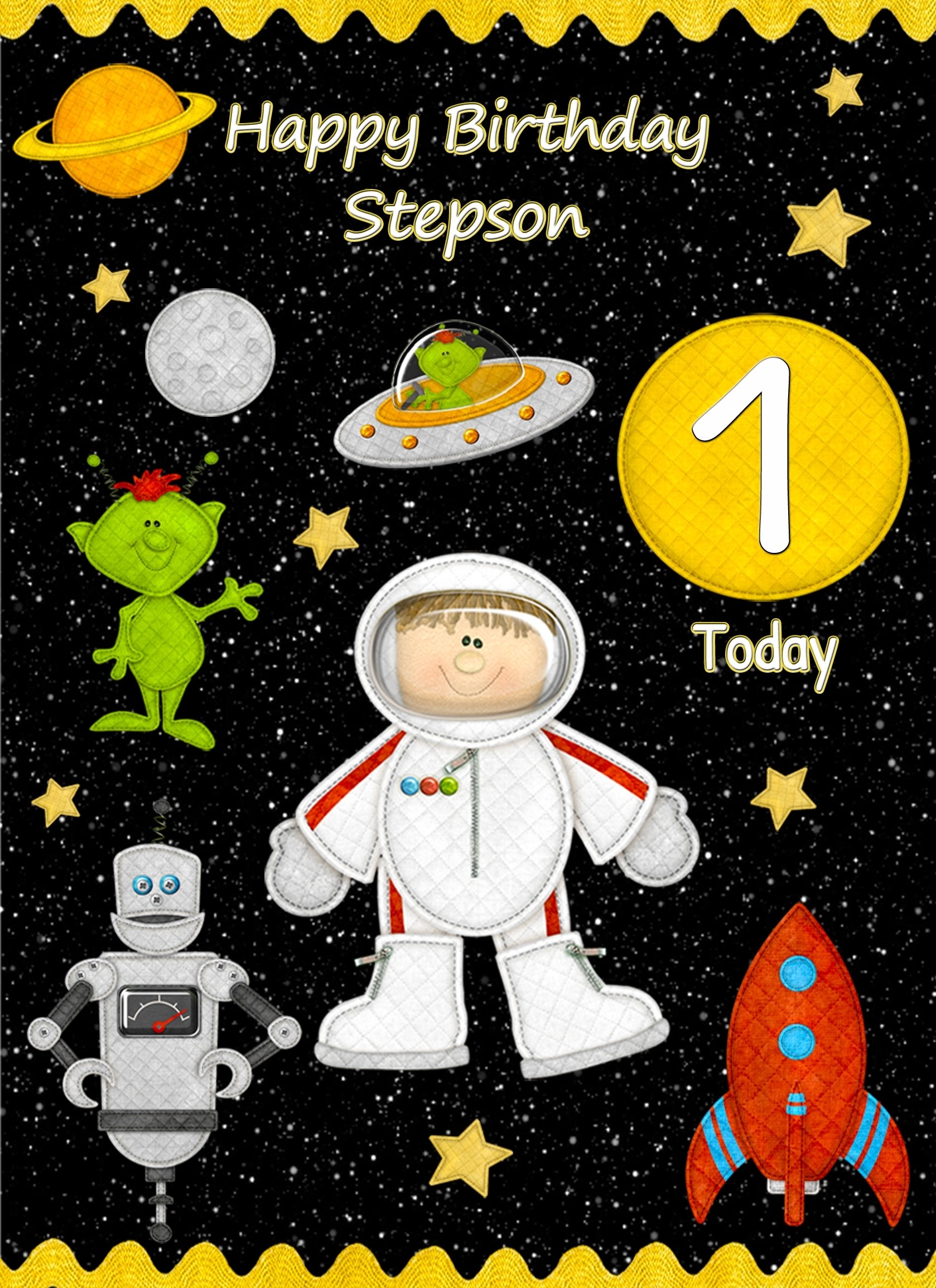 Kids 1st Birthday Space Astronaut Cartoon Card for Stepson