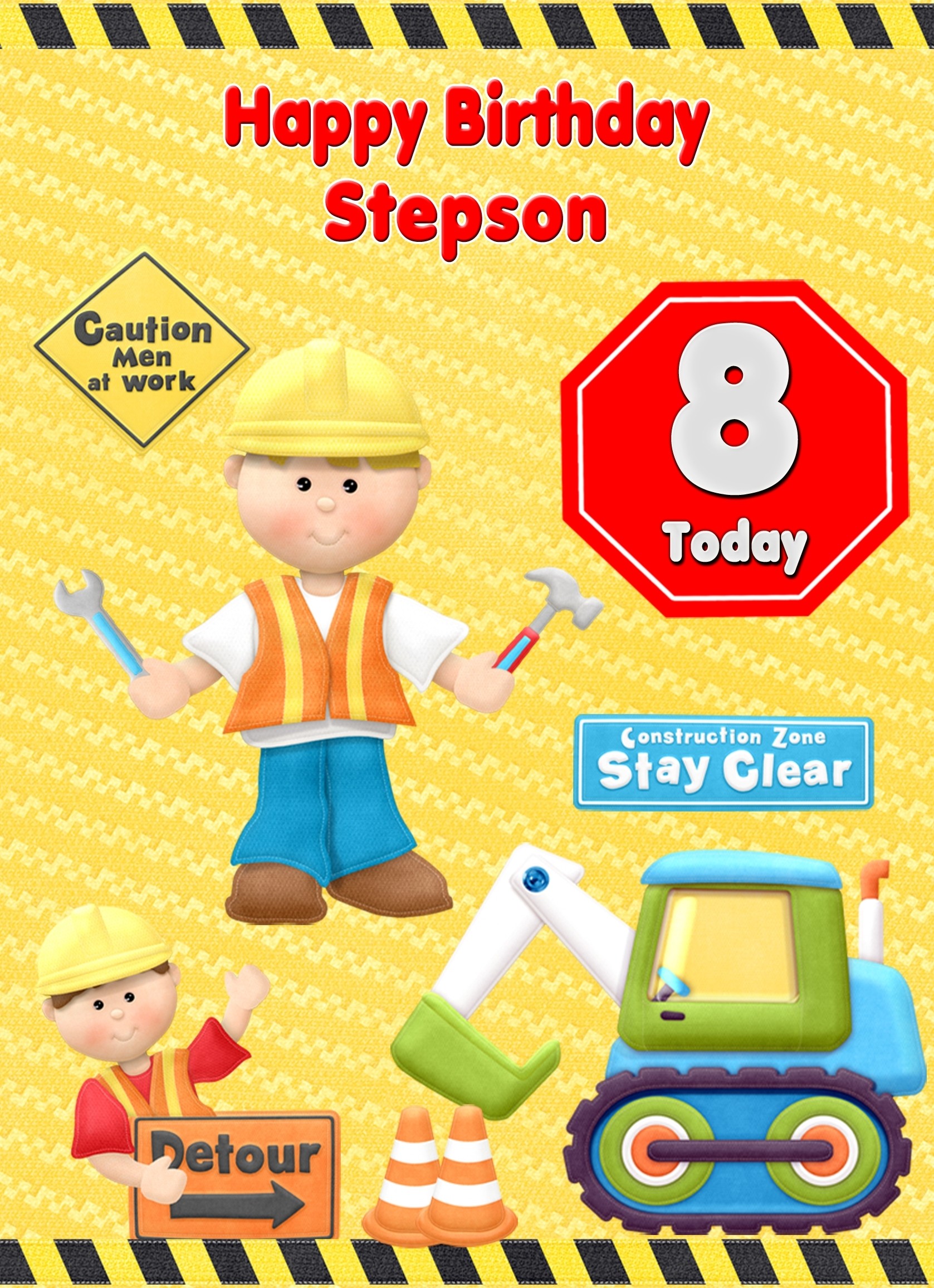 Kids 8th Birthday Builder Cartoon Card for Stepson