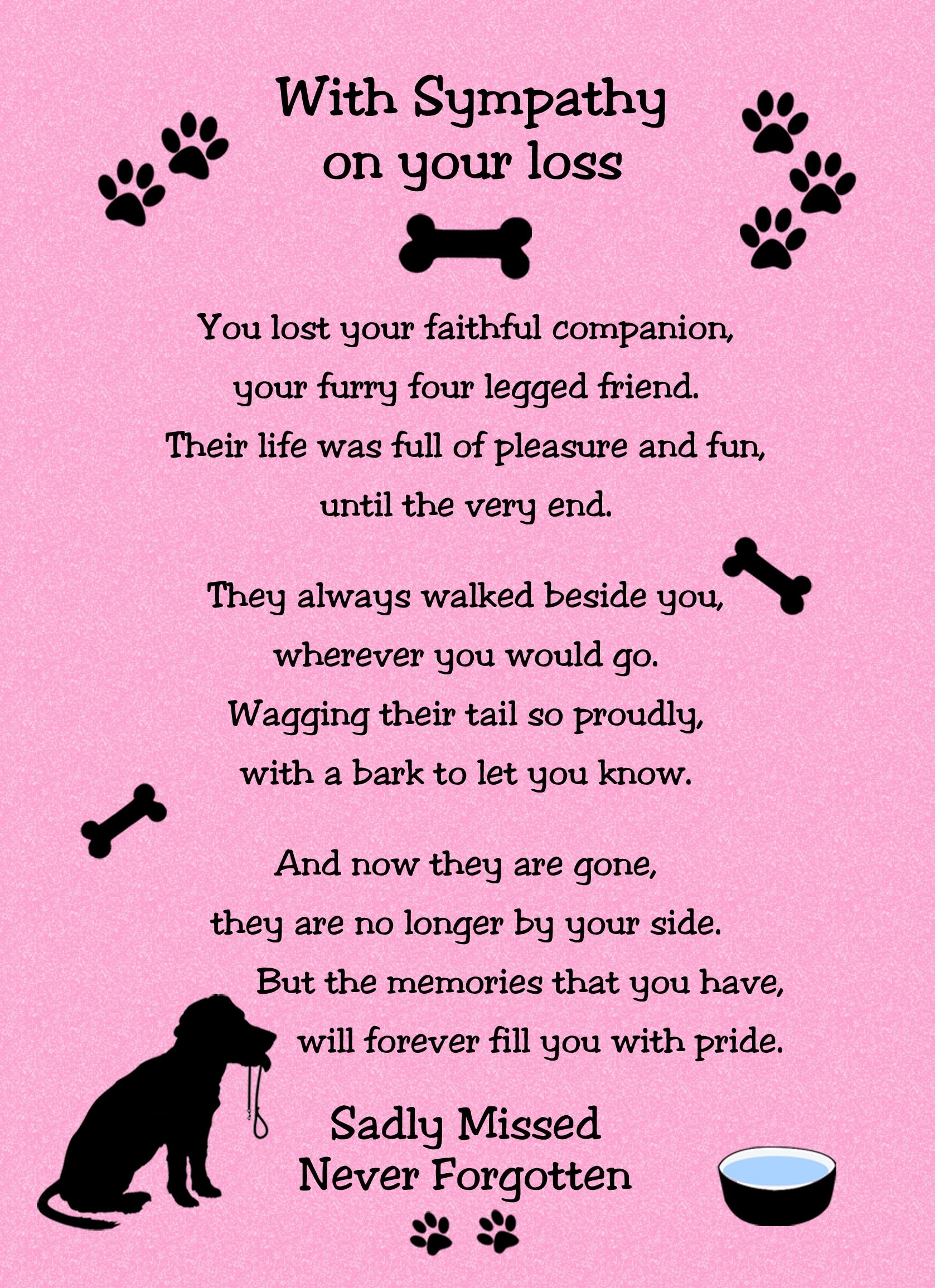 Pet Dog Loss Verse Poem Memoriam Sympathy Card (Pink, With Sympathy)