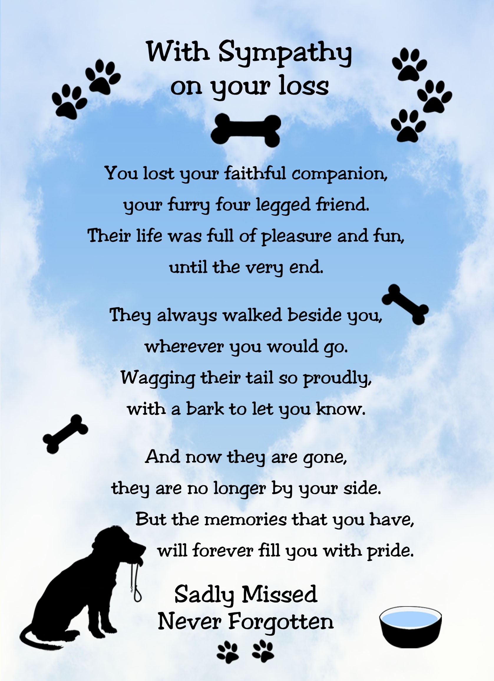 Pet Dog Loss Verse Poem Memoriam Sympathy Card (Sky Heart, With Sympathy)