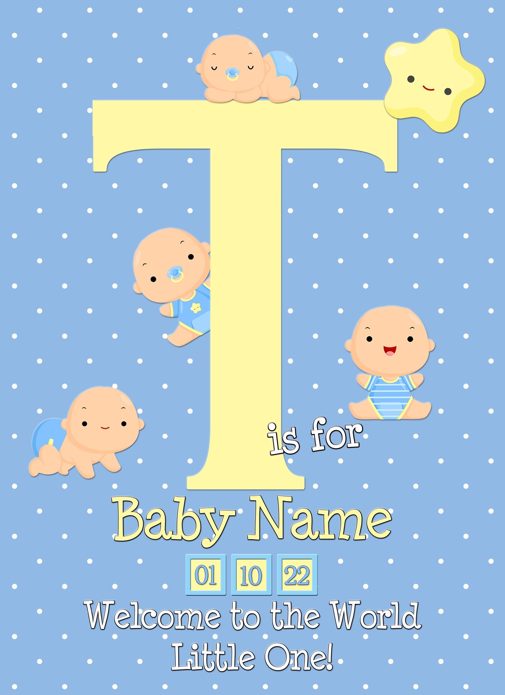 Personalised Baby Boy Birth Greeting Card (Name Starting With 'T')