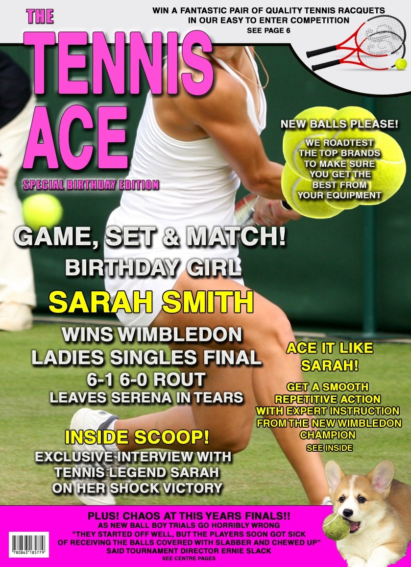 Personalised Womens Tennis Magazine Spoof Birthday Card