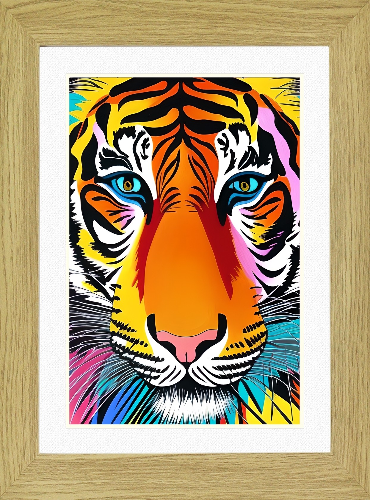 Tiger Animal Picture Framed Colourful Abstract Art (A4 Light Oak Frame)