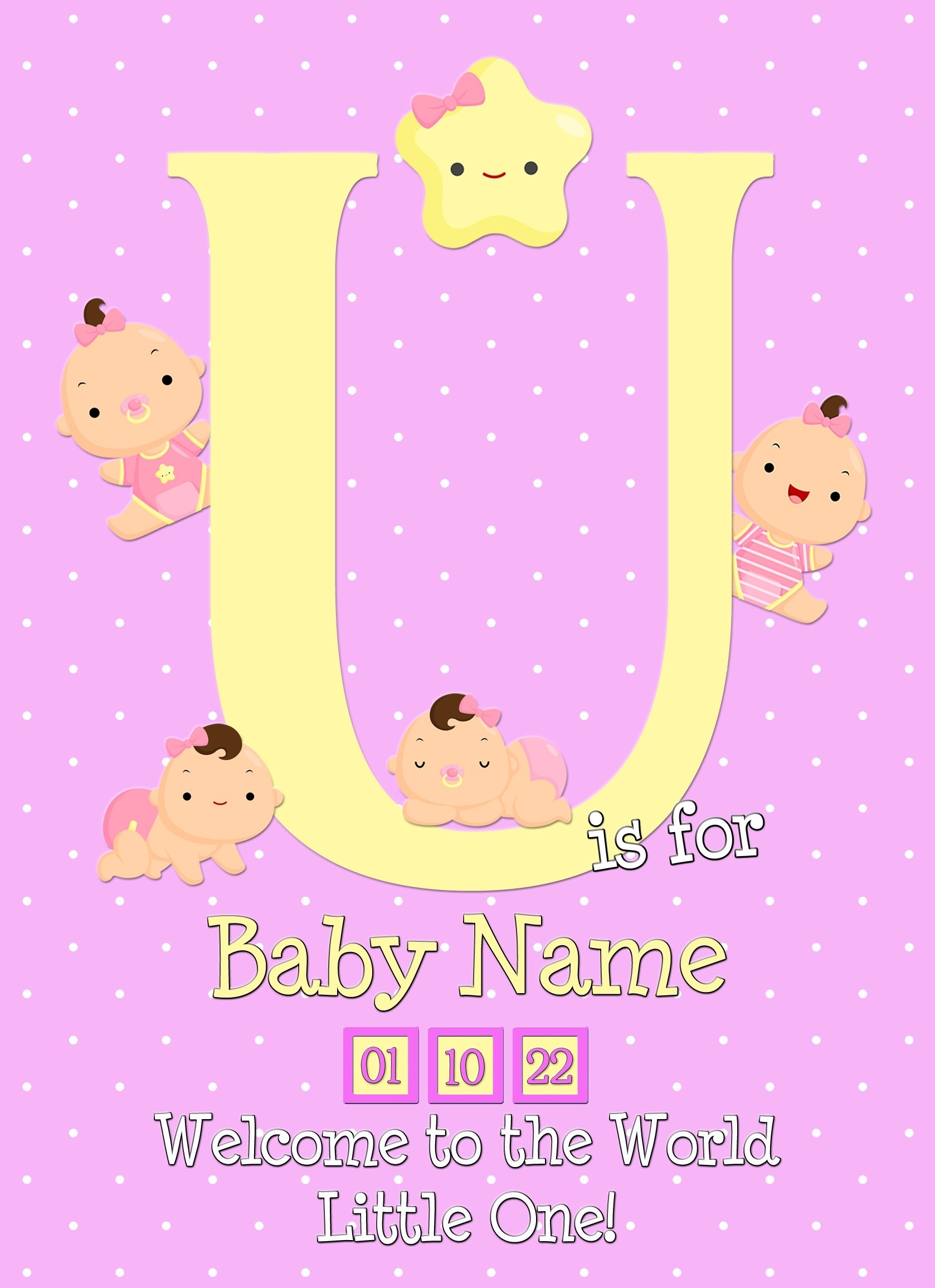 Personalised Baby Girl Birth Greeting Card (Name Starting With 'U')