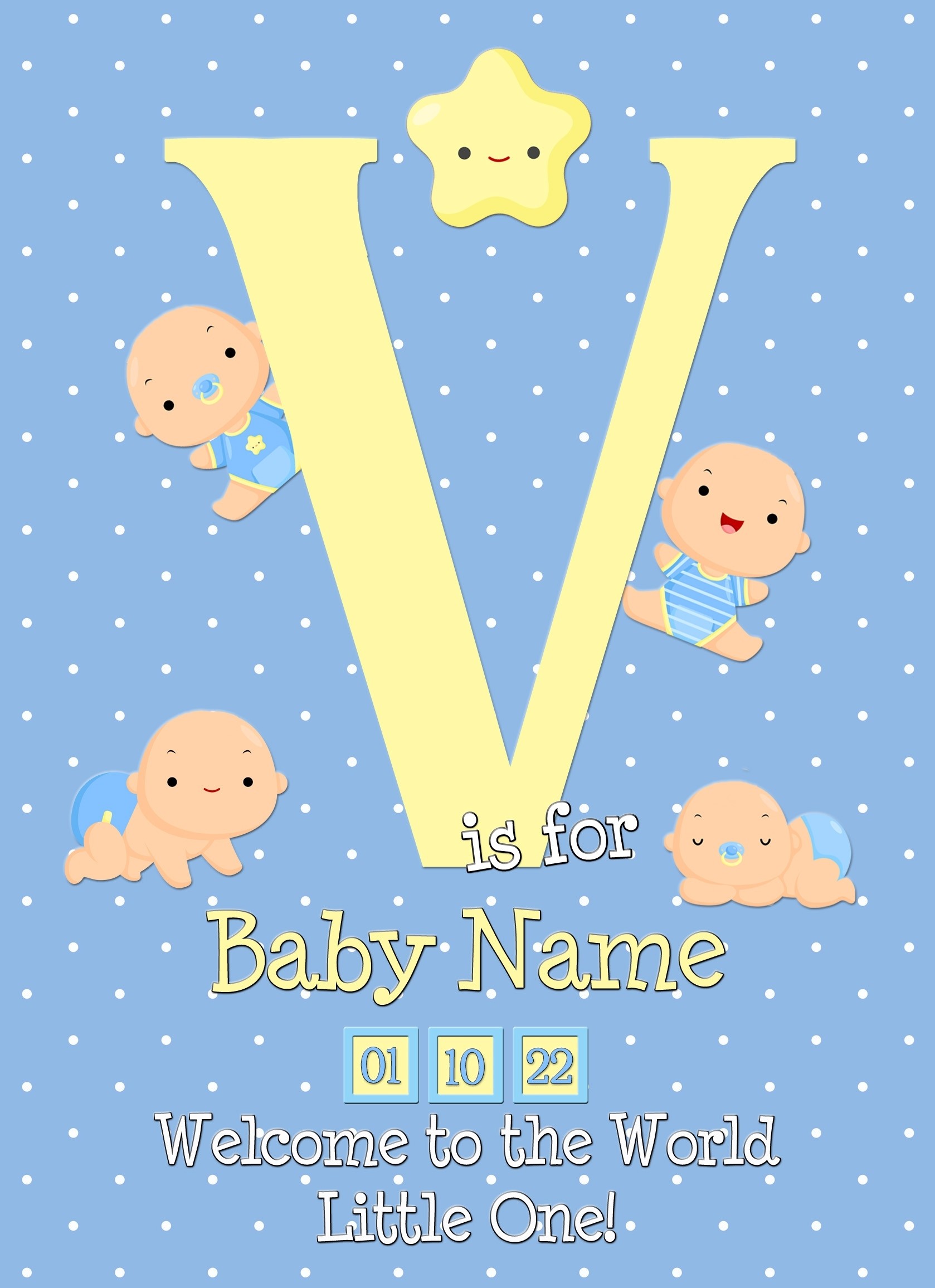 Personalised Baby Boy Birth Greeting Card (Name Starting With 'V')