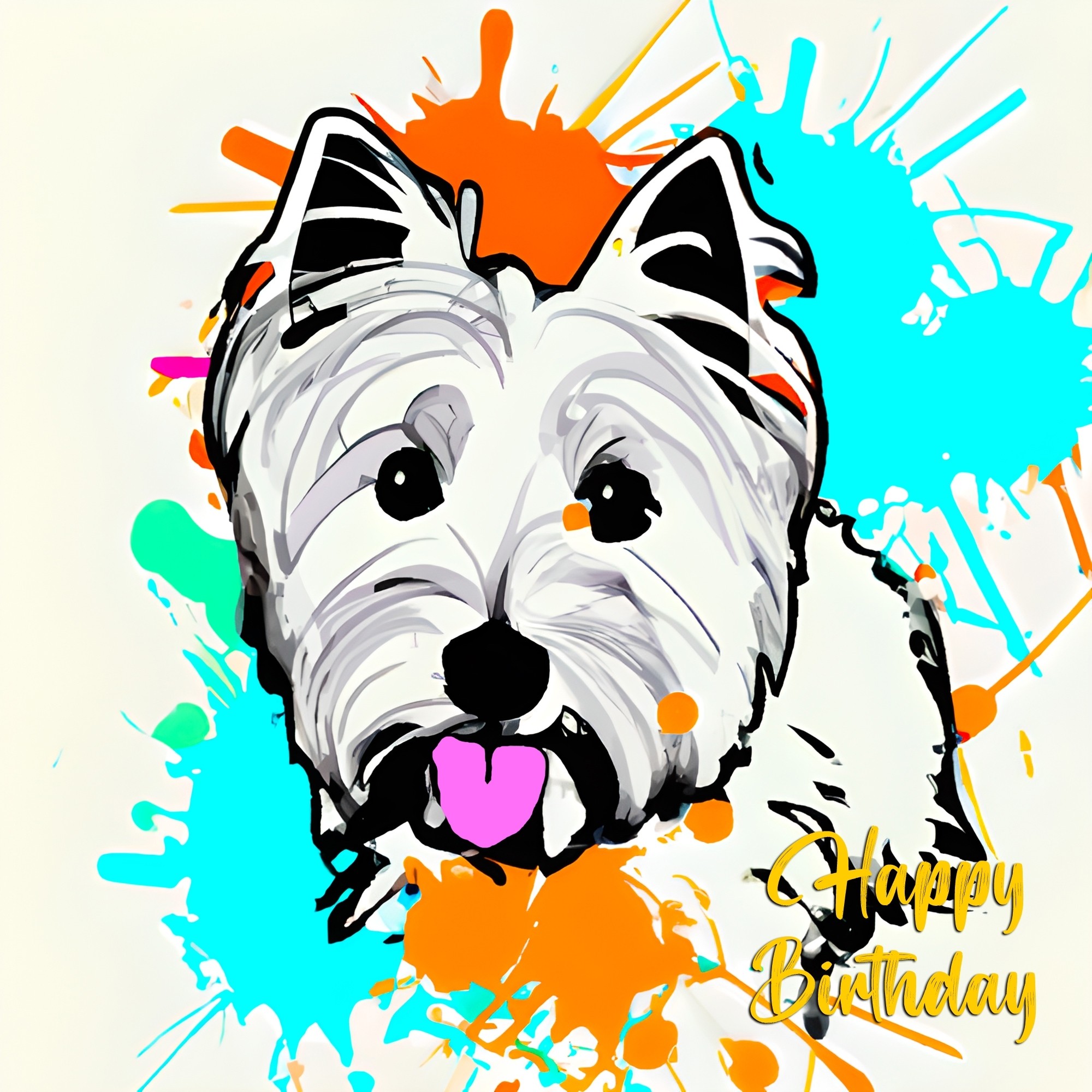 West Highland Terrier Dog Splash Art Cartoon Square Birthday Card