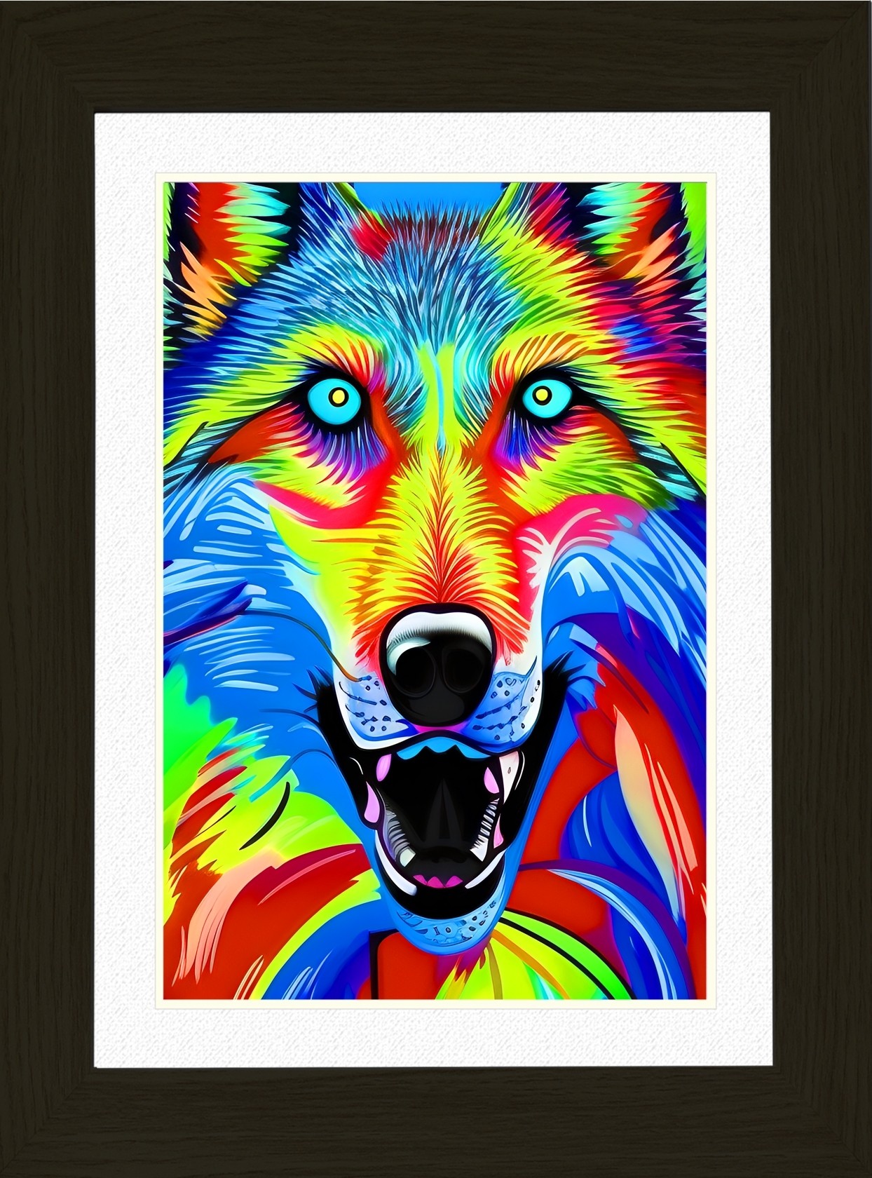 Wolf Animal Picture Framed Colourful Abstract Art (A4 Black Frame)