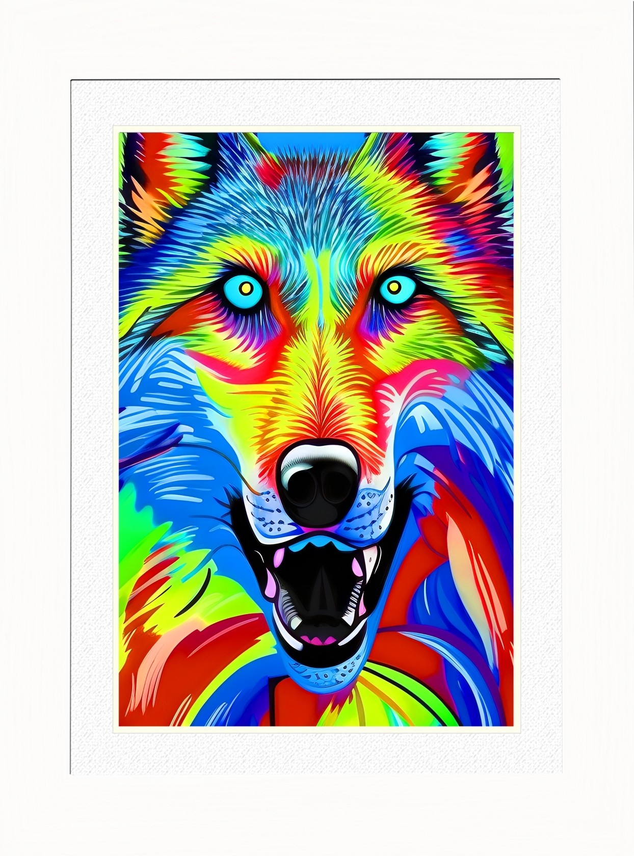 Wolf Animal Picture Framed Colourful Abstract Art (25cm x 20cm White Frame)