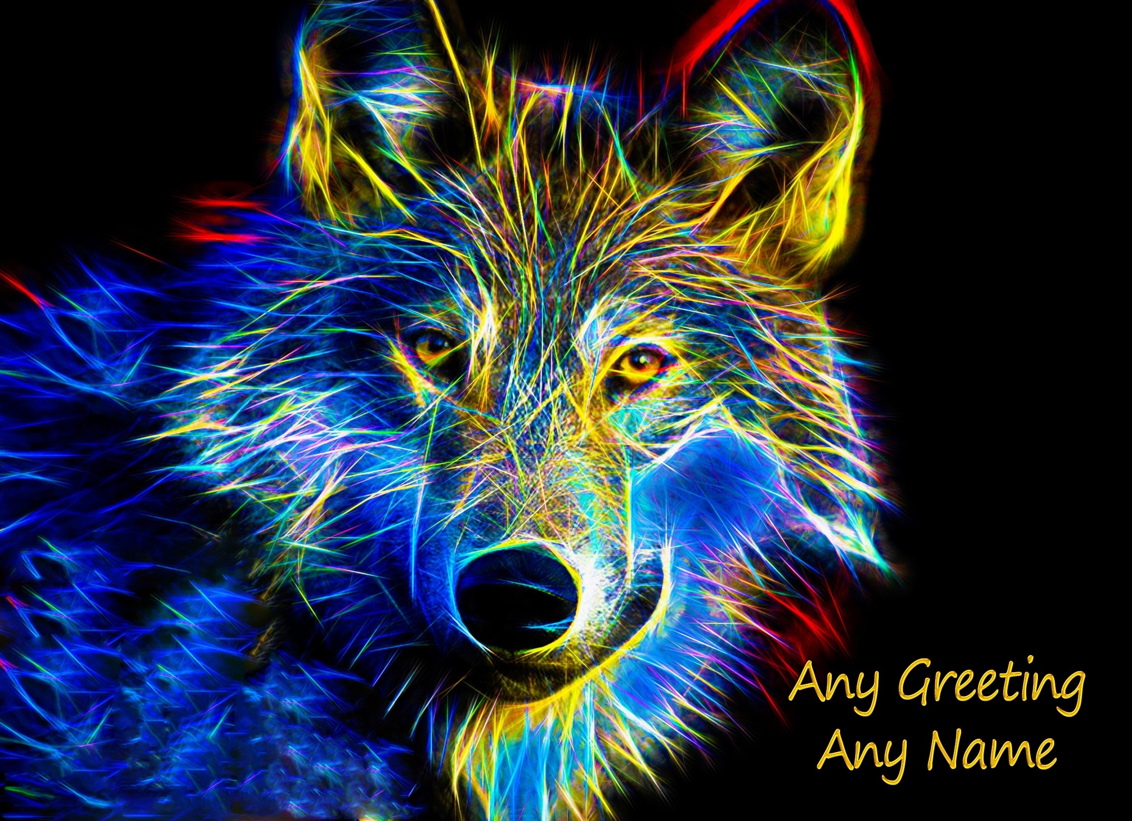 Personalised Wolf Neon Art Greeting Card (Birthday, Christmas, Any Occasion)
