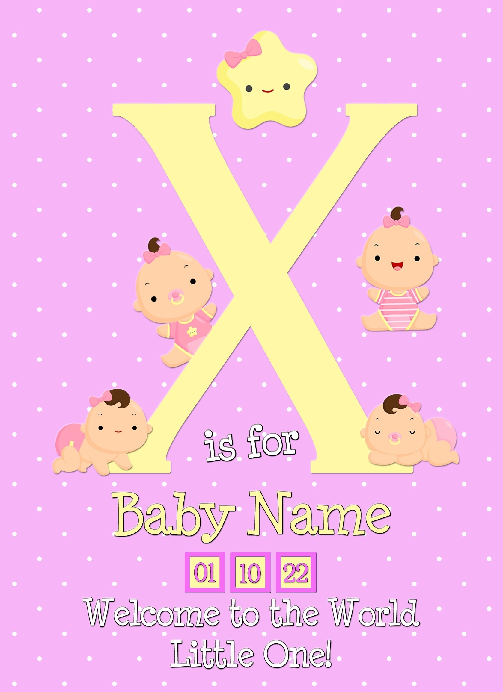 Personalised Baby Girl Birth Greeting Card (Name Starting With 'X')