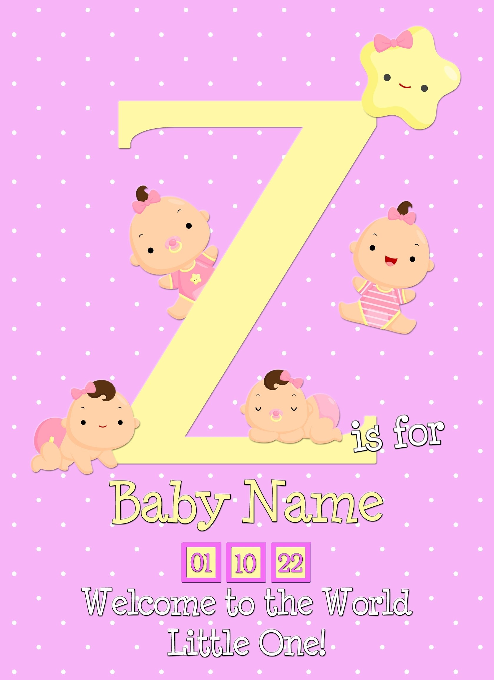 Personalised Baby Girl Birth Greeting Card (Name Starting With 'Z')