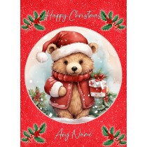 Personalised Bear Christmas Card (Red, Globe)