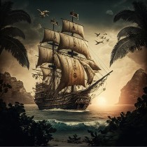 Fantasy Pirate Ship Square Greeting Card Design 1