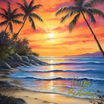 Tropical Beach Scenery Art Square Birthday Card (Design 1)