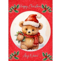 Personalised Bear Happy Christmas Card (Red, Globe)