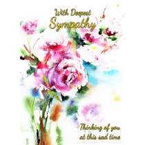 Sympathy Bereavement Card (With Deepest Sympathy, Pink Flower)