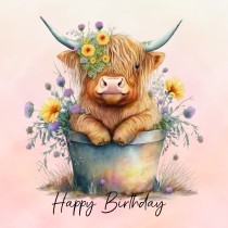 Highland Cow Square Birthday Card (Pink)