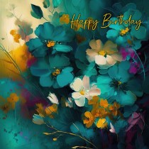 Flowers Teal Art Birthday Greeting Card