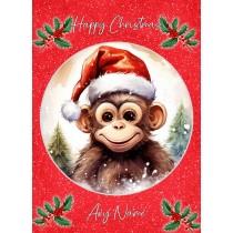Personalised Monkey Christmas Card (Red, Globe)