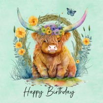 Highland Cow Square Birthday Card (Green)