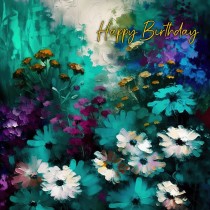 Flowers Teal Art Birthday Greeting Card