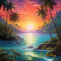 Tropical Beach Scenery Art Square Birthday Card (Design 4)