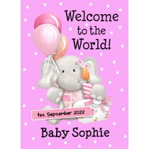 Personalised Baby Girl Birth Card (Elephant)