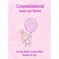 Personalised Baby Girl Birth Card (Rabbit)