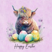 Easter Square Greeting Card (Highland Cow, Purple)