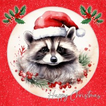 Raccoon Square Christmas Card (Red, Globe)