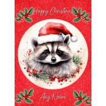 Personalised Raccoon Christmas Card (Red, Globe)