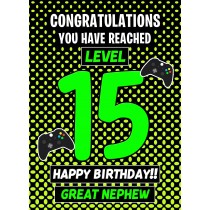 Great Nephew 15th Birthday Card (Level Up Gamer)