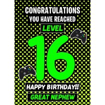 Great Nephew 16th Birthday Card (Level Up Gamer)