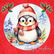 Penguin Square Christmas Card (Red, Globe)