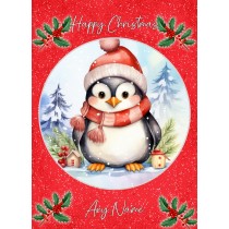 Personalised Penguin Christmas Card (Red, Globe)