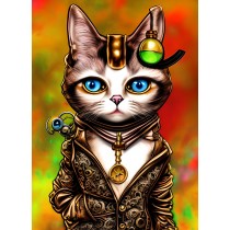 Steampunk Cat Colourful Fantasy Art Blank Greeting Card