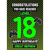 Great Nephew 18th Birthday Card (Level Up Gamer)