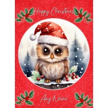 Personalised Owl Christmas Card (Red, Globe)