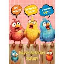 Sister 19th Birthday Card (Funny Birds Surprised)