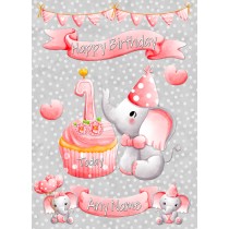 Personalised 1st Birthday Card (Pink, Grey Elephant)