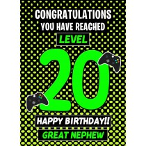 Great Nephew 20th Birthday Card (Level Up Gamer)