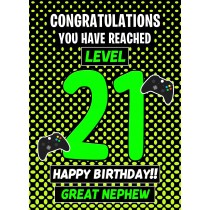 Great Nephew 21st Birthday Card (Level Up Gamer)