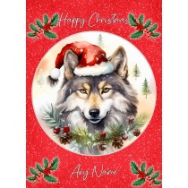 Personalised Wolf Christmas Card (Red, Globe)