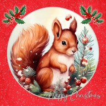 Squirrel Square Christmas Card (Red, Globe)