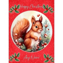 Personalised Squirrel Christmas Card (Red, Globe)