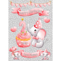 Personalised 2nd Birthday Card (Pink, Grey Elephant)