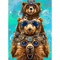 Steampunk Three Bears Colourful Fantasy Art Blank Greeting Card
