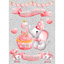 Personalised 5th Birthday Card (Pink, Grey Elephant)