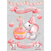Personalised 7th Birthday Card (Pink, Grey Elephant)