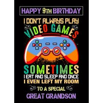 Great Grandson 9th Birthday Card (Gamer, Design 1)